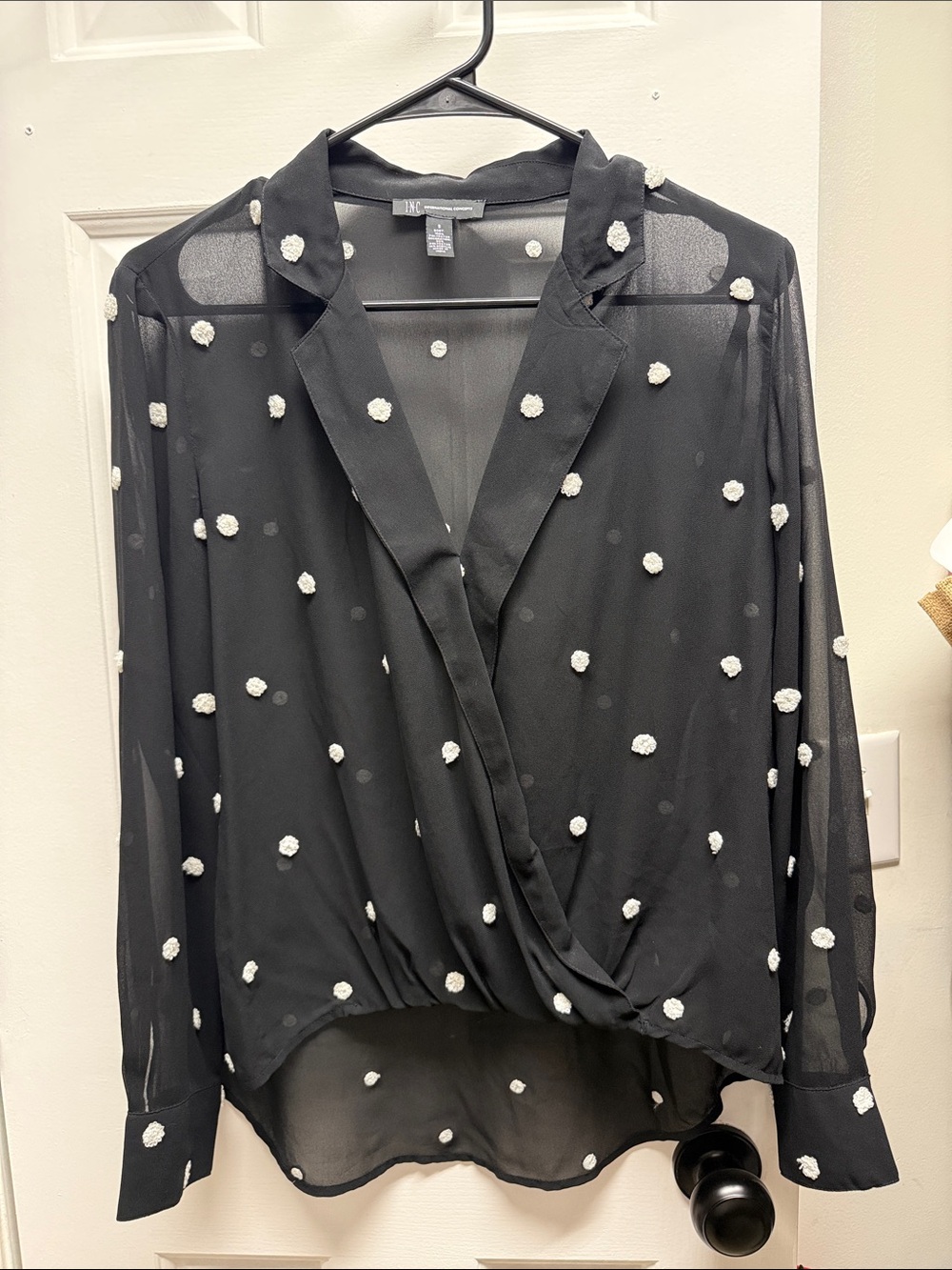 INC International Concepts Black Sheer Blouse with White Pom Dot Detailing